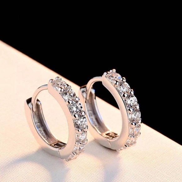 Sterling Silver CZ Diamond Huggie Hoop Earrings - Picture 2 of 9